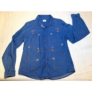 Wrangler Women's L Blue Denim Floral Embroidered Button-Up
